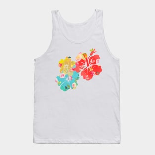 PixDezines Hibiscus in Coral Orange, Yellow+Aqua Tank Top